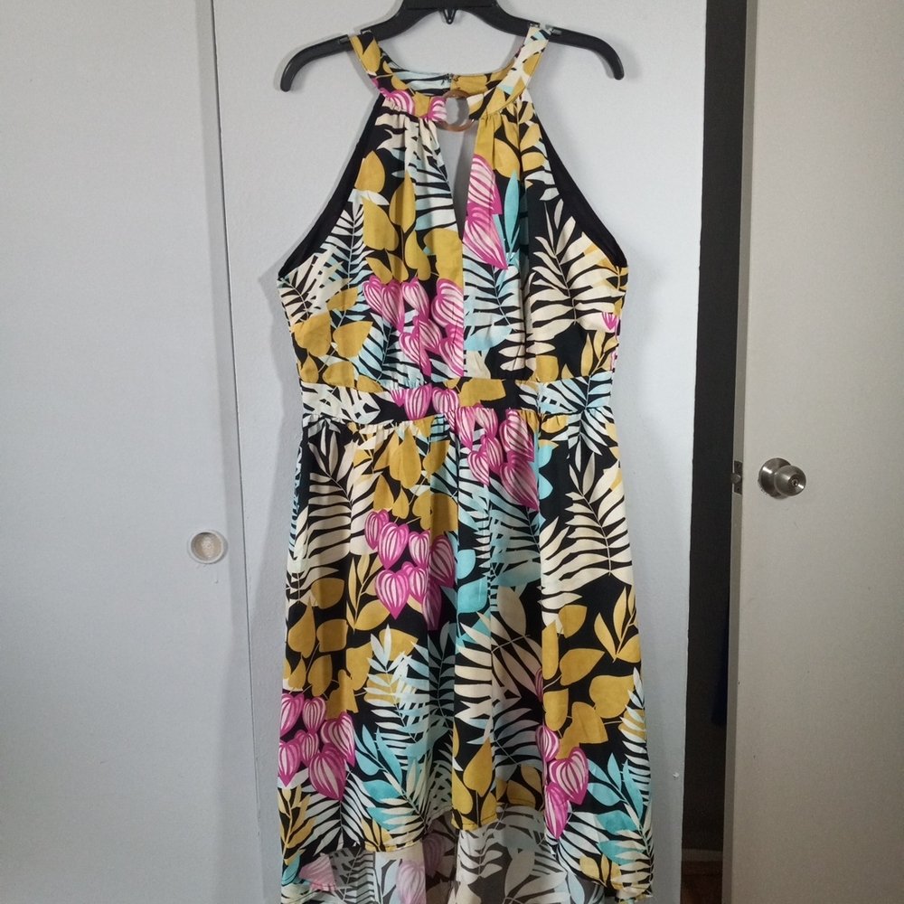 Lascana Tropical Halter Floral Midi Dress - Black, Mustard Pink Teal Size 14 NWT